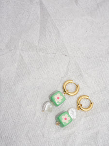 2 of 2 earrings ~ wood + pearl